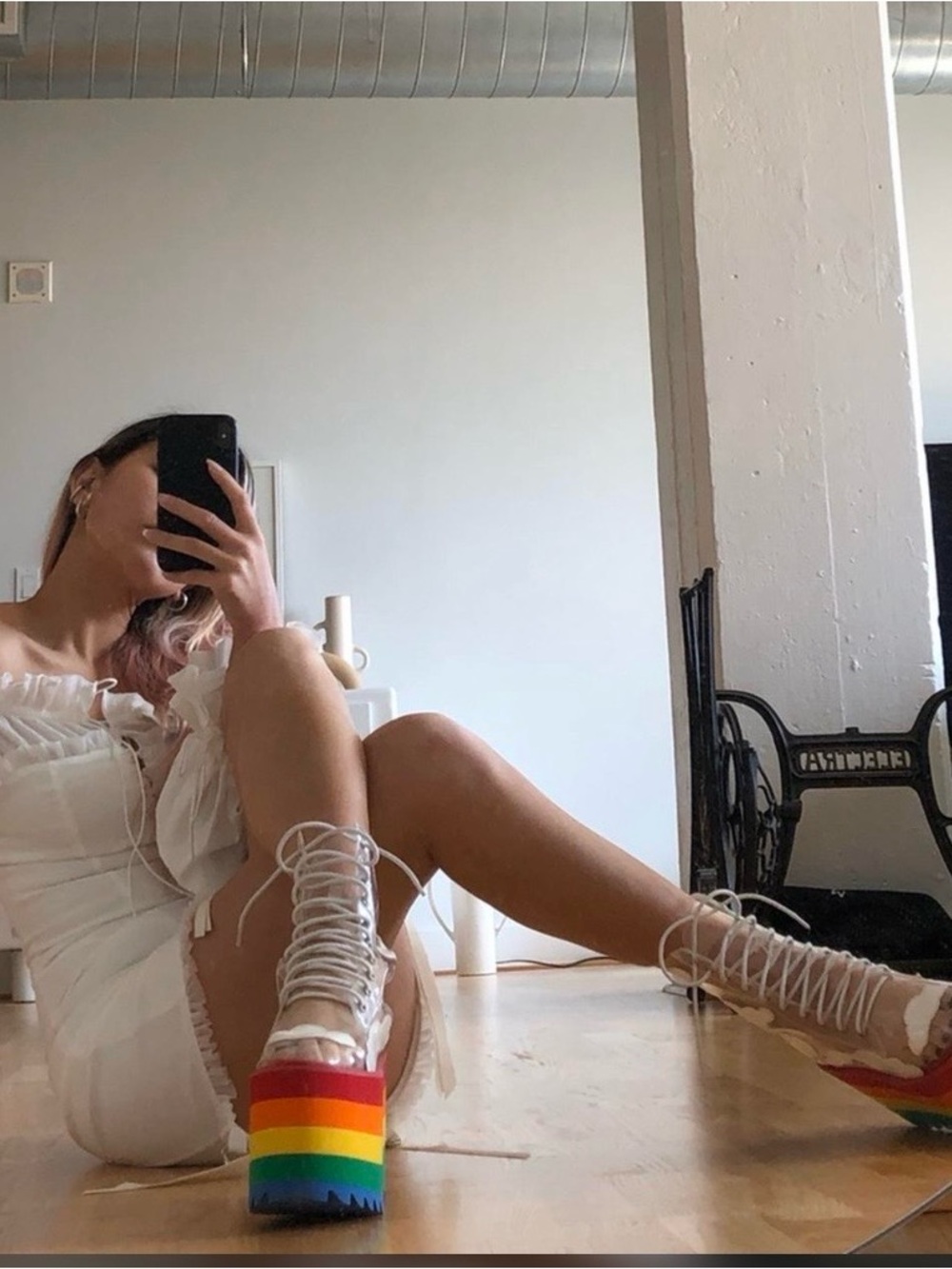 Dolls Kill Clear Cloud Lace-Up Platform Boots with Rainbow Sole